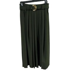 EUC Jara Vintage dark Green Long pleated Skirt Gold Buckle Matching Belt Sz 10